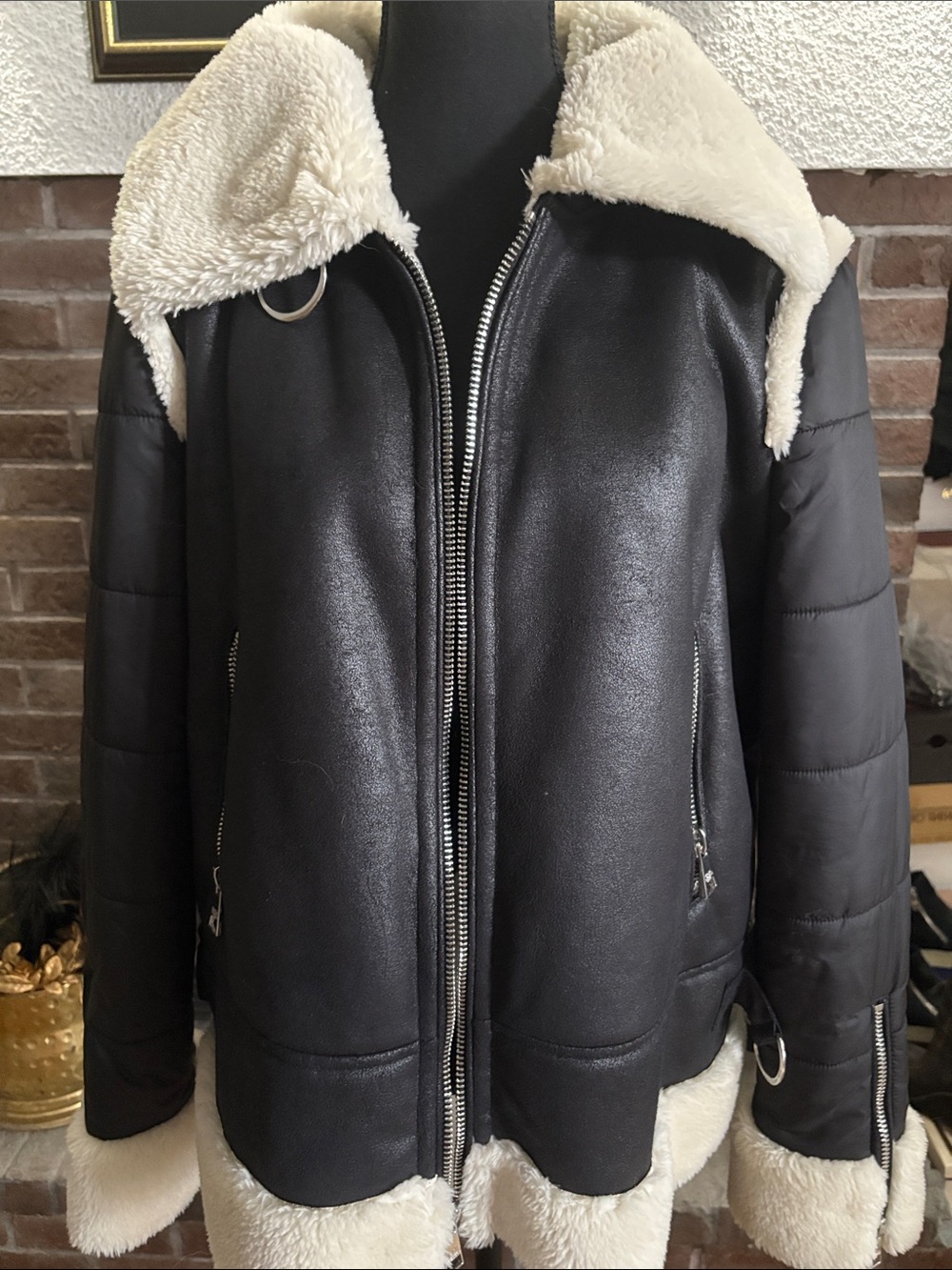 Karl Lagerfeld Black Jacket with Cream Faux-Shearling Trim